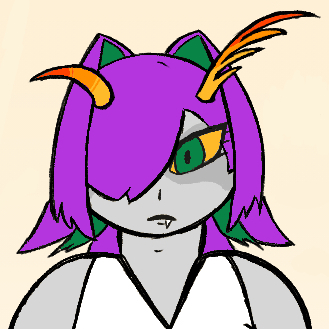 a drawing of a homestuck troll with green eyes and purple hair